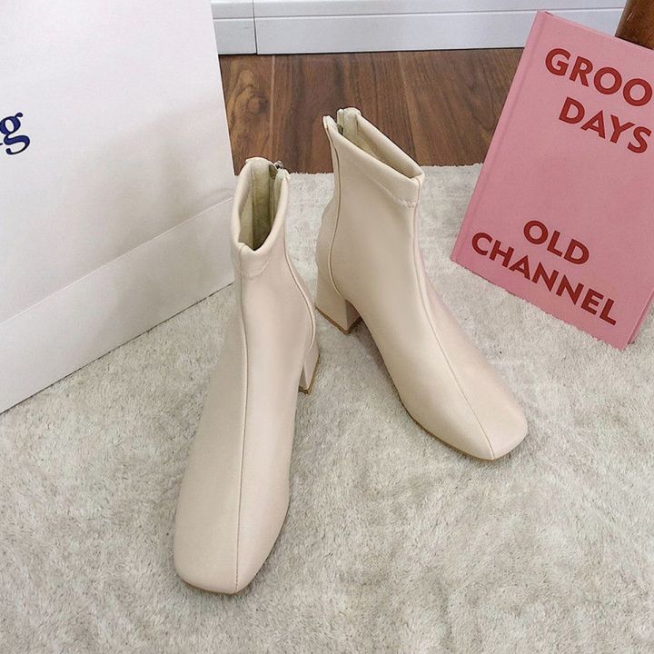 Thick-heeled soft leather short boots women's autumn 2021 new Korean style fashion mid-heel all-match small thin and thin boots