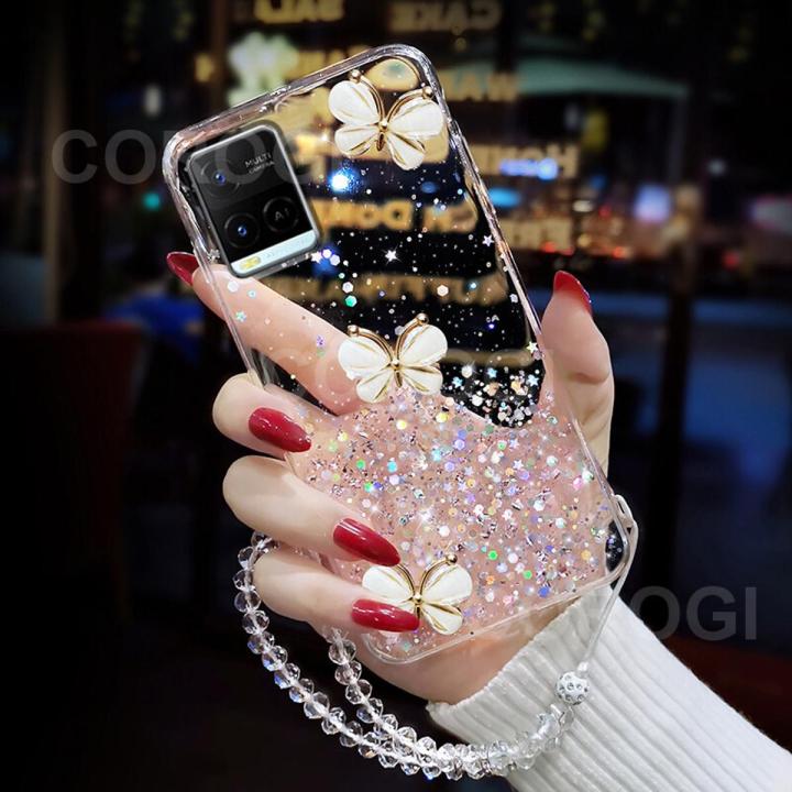 For Vivo Y21 Cover + Crystal Wrist Strap Fashion 3D Rhinestone Butterfly Shiny Glitter Girls Phone Case Clear Soft Silicone Bumper Shockproof Protective Back Cover