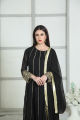 Noir Opulence: 3-Piece Hand-Embroidered Stitched Black Chiffon Suit with Gota, Cutdana, Moti, Dabka sleeves, Chiffon Dupatta Pallu, Silk Trousers - a symphony of exquisite craftsmanship and elegance. 