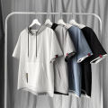 Short hoodie for summer fashion label loose fitting men's top, half sleeved shirt, t-shirt. 