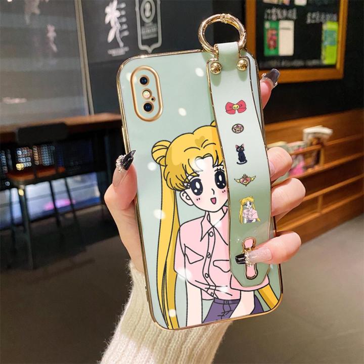 dienya For iPhone XR Case With Wristband Cartoon Fashion Sailor Moon New Design Thin Shockproof Phone Case Pattern Plating Silicone Casing Full Cover Camera SoftCase Protection Cases