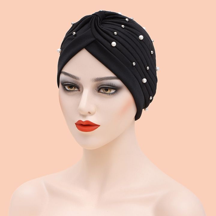 Fashion Muslim Women Hijab Inner Caps Solid Color with White Pearl Head Scarf Cross Headscarf Headwrap Islam Women Turban
