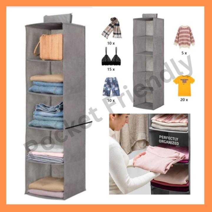 [ Pack of 2 ] 5 compartment Foldable Hanging Closet Organizer | Clothing Storage Rack Made of non-woven Fabric| 5-Layer Capacity Garment Organizer| Easy to Carry with| For Both Adults & Kids Cloth Storage Bag