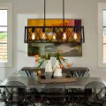 Vintage Pendant Light Fixture, 5 Lights in Rectangle Frame Shade Matte Metal Black Powder Coating. 