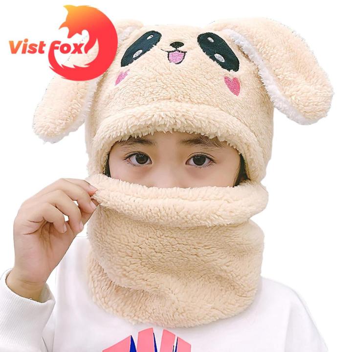 Vist Fox Children Hat Embroidery Face Winter Thermal Girls Neck Warmer Cap