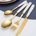 Openi - 24 Pcs Household Cutlery Set with Hanging Rack - Independent Storage And Easy To Use - Durable Stainless Steel Material - Fork, Spoon, Knife, Tea Spoon Set And White Marble Design Handle. 