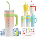 Imported 1200ml 304 Stainless Steel 40Oz Large Capacity Handle Large Ice Cup Car Giant Gradient Cup with Straw for Girls and School Kids Gym and Office Use Large Tumbler for Girls. 