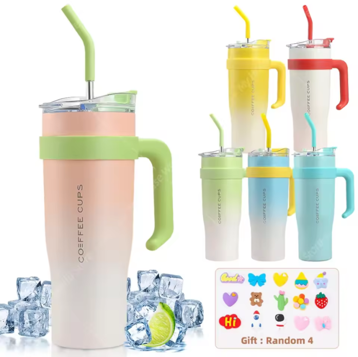Imported 1200ml 304 Stainless Steel 40Oz Large Capacity Handle Large Ice Cup Car Giant Gradient Cup with Straw for Girls and School Kids Gym and Office Use Large Tumbler for Girls