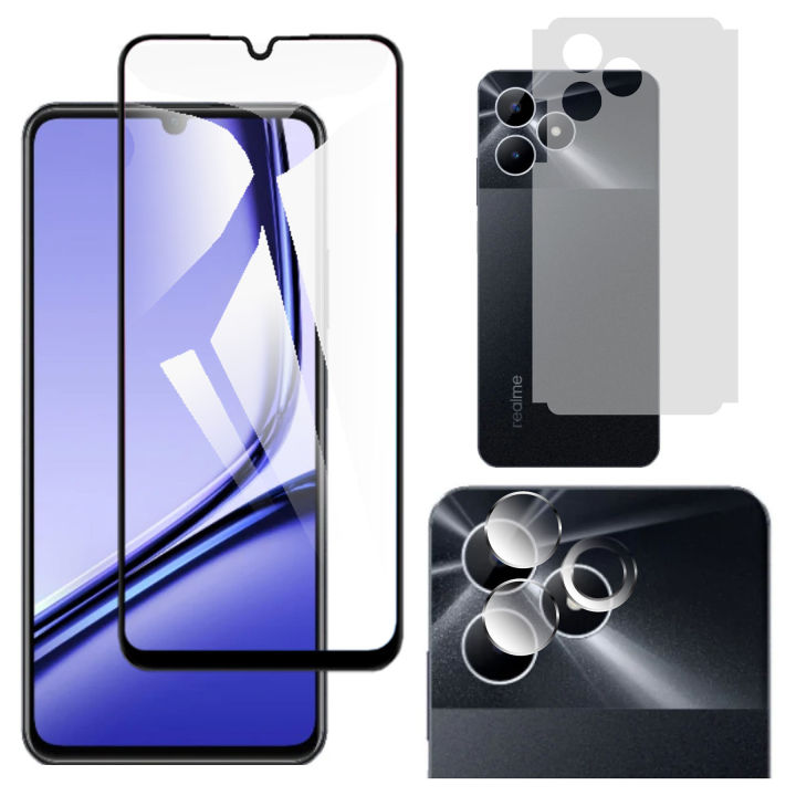 Realme Note 50 Full Black 9D/5D/6D /10D/11D/21D Tempered Glass Screen Protector Edge to Edge Full Glue Premium Quality + Back Matte Protector Soft Skin Sheet Soft Film Protector + Back Camera 9H Gorilla Flexible ProtectorFor Realme Note 50