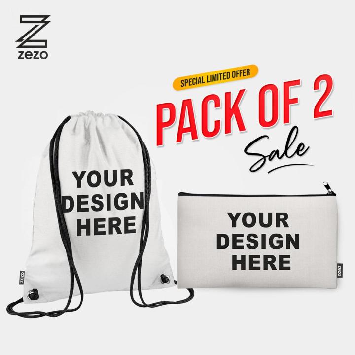 Customized Pack of 2 Bundle Offer ( Drawstring Bag & Pencil Pouch ) For Boys & Girls - Digital Printed On Cloth By Zezo