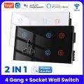 Tuya Smart WiFi Smart 4 Gang + Socekt Touch Wall Switch with Power Socket | 4 Gang 2-in-1 | Alexa & Google Assistant | Smart Home Automation | Touch Control Light & socket. 