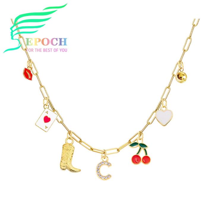 Epoch Bohemian Pendant Necklace Cherry Lip Heart Necklace with Cu Zirconia for Women Stylish Women Neck Jewelry with Multiple Pendants Hollow Design Beach Vibe Necklace