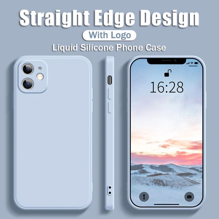 【Become iPhone 12 With Logo Straight Square Edge Liquid Silicone Soft Phone Case For iPhone 11 Pro Max X XR XS Max 8 7 6 6S Plus + SE 2020 Phone Cover Casing With Velvet Inside With Full Cover Camera Protection