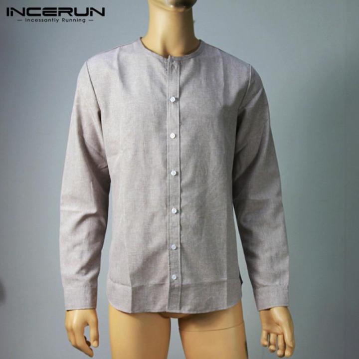New Trendy· INCERUN Mens Linen Fitted T-shirt Top Long Sleeve Formal Casual Smart Shirts Autumn