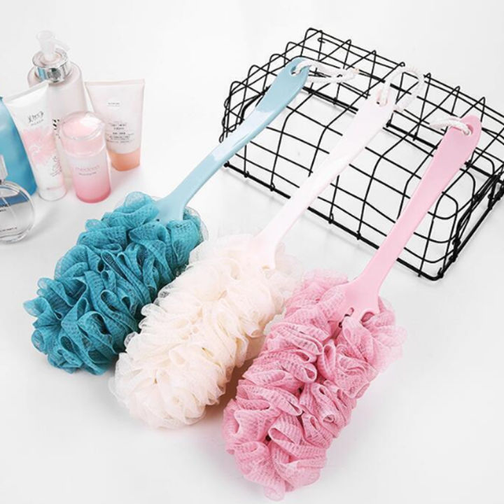 Bath Sponge with Handle, Shower Loofah Brush, Back Cleaning Scrubber Long Curved Handle, Exfoliate, Body Bathing Sponge with Long Mesh Pouf