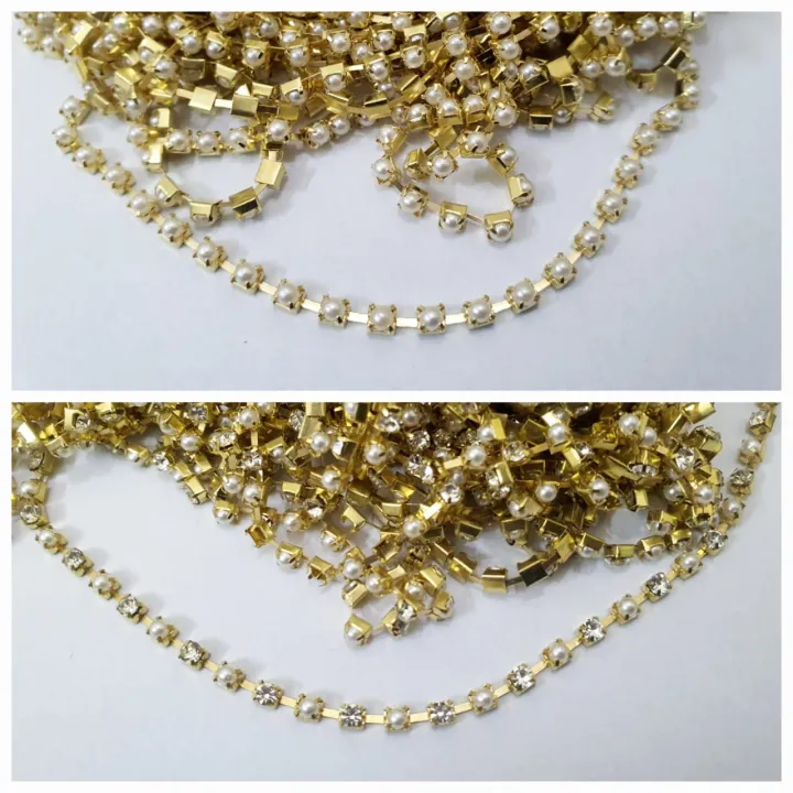 1%20yard%20Rhinestone%20Lace%20Pearl%20Chain%20Gold%20Silver%20Base%20DIY%20Sew%20On%20Decoration%20Crafts%203mm%20-%20Image%202