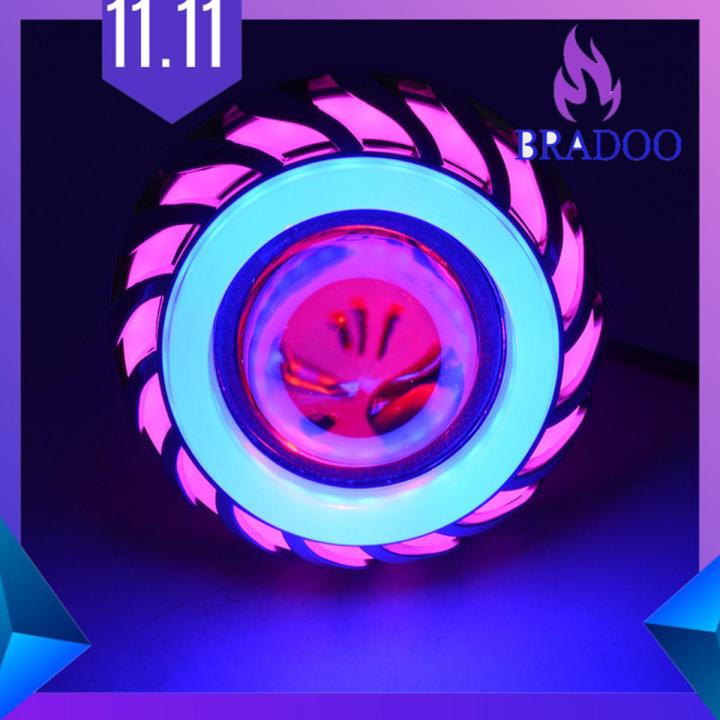 12V Motorcycle Head Light Lamp Projector Lens Light With Led Angel Devil Eyes Headlight 30W 1200Lm 200000H Double Aperture Light(Pink and Blue)