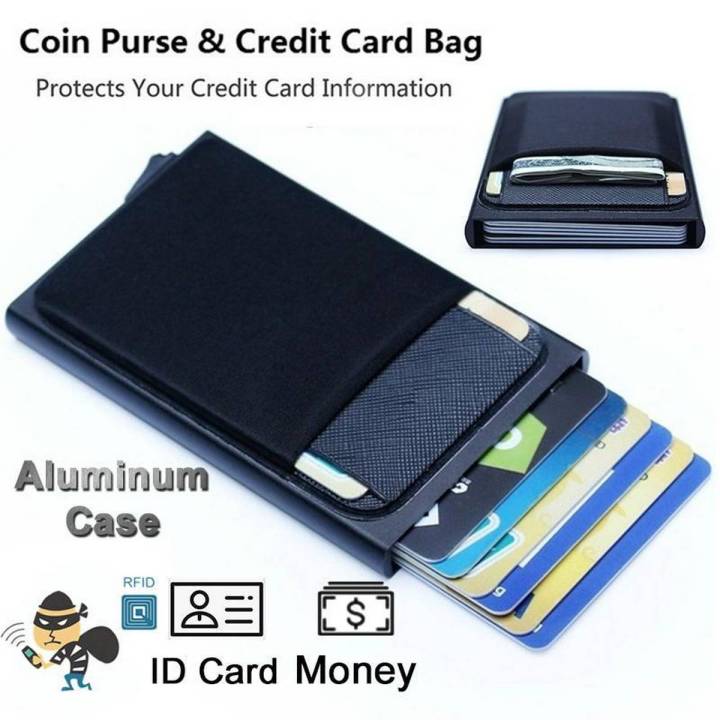 Anti Theft Men Business Aluminum Smart Wallet With Back Pocket Cash Id Card Holder Rfid Blocking Slim Mini Metal Wallet Automatic Pop Up Credit Card Coin Purse