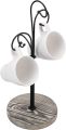 One Piece Black Metal Coffee Mug Tree Rack with 4 Curved Hooks and  Wood Base customized by the Decor Dictionary. 