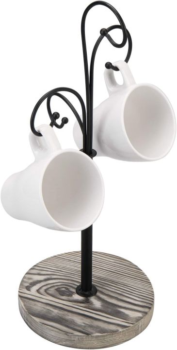 One Piece Black Metal Coffee Mug Tree Rack with 4 Curved Hooks and  Wood Base customized by the Decor Dictionary
