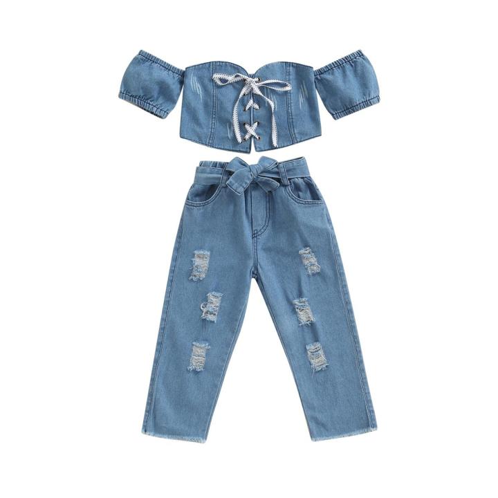 Baby House Kid Girl Denim Outfits Sets Off Shoulder Short Sleeve Lacing Crop Tops with Ripped Jeans