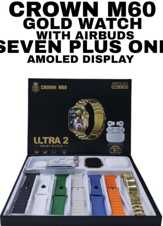 CROWN M60 GOLD WATCH WITH AIRBUDS SEVEN PLUS ONE AMOLED DISPLAY