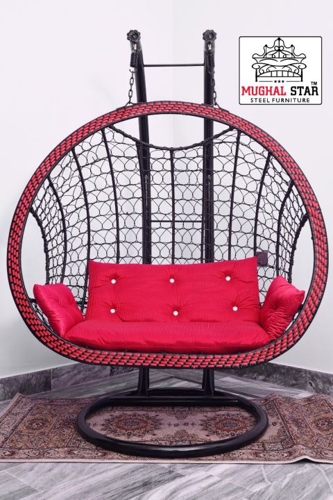 Double Seater Swing Chair Jhoola with Stand, Cushion Set (Swing Chair Jhoola made of Iron and Rattan,With Iron Stand & Cushions)/ Mughal star steel Furniture