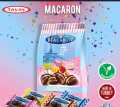 Macarons by Taya's , vegetarian , halal , made in Turkey, packet of different flavours : hazelnut , starwberry , mango , coconut. 