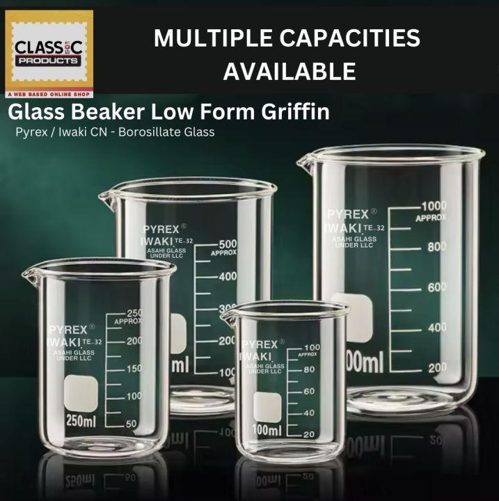 25ml/50ml/100ml/250ml/500ml/1000ml Glass Beaker - Iwakipyrex-Beaker low form griffin heat resistant glass vessel, lab grade glassware, graduated beaker 3.3 borosilicate for laboratory, baking and perfume making chemistry lab glass
