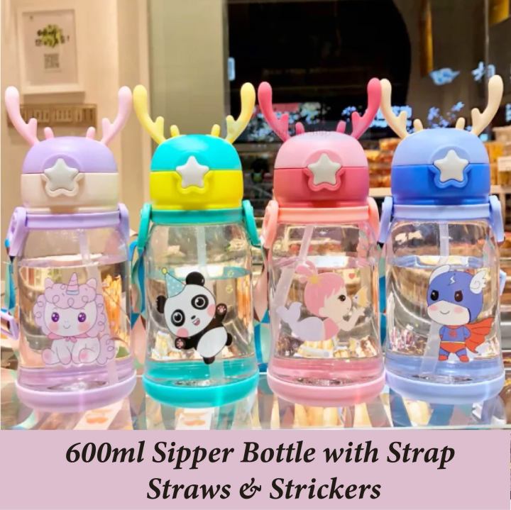 Sipper Bottle For Kids 600ml with Straws Strap & Strickers BPA Free Leakproof Children Sippers Plastic Water Bottles For Kid/Girl/Boy