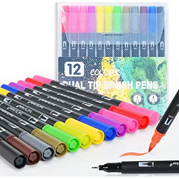 12 Colour Dual Tip Brush Marker Pen, Colored Pen Fine Point Art Marker & Brush Highlighter Pen for Adult Coloring Hand Lettering Writing Planner Art Supplier(12 Colors Pen Set)