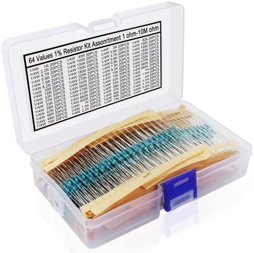 1280 Pieces 64 Values Resistor Kit, 1% Assorted Resistors 1 Ohm-10M Ohm 1/4W Metal Film Resistors Assortment for DIY Projects and Experiments