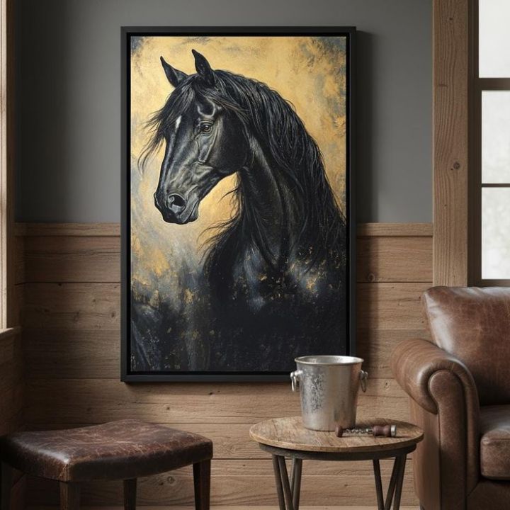 Majestic Black Horse With Gold Ornaments Tile Pattern Canvas Wall Art ...