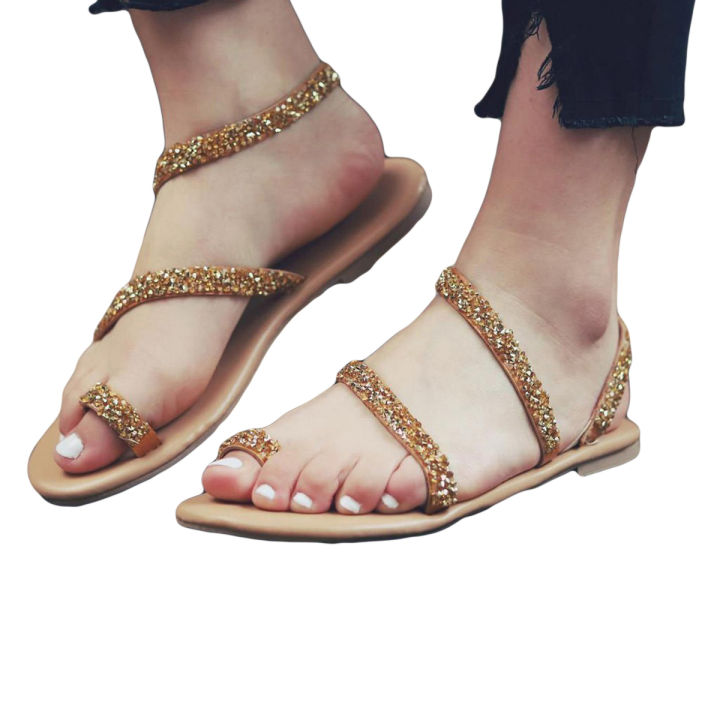 【FOOT SOFA】Womens Ladies Girls Korean Sandals for Women Women Rome Open Toe Rhinestone Decoration Sandals Flats Slip On Shoes Sandals Women Casual Flat Shoes Fashion Shoes Work