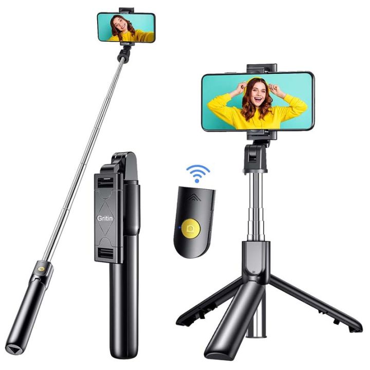 Gritin 3 in 1 Bluetooth Tripod Extendable and Portable Selfie Stick with Wireless Remote