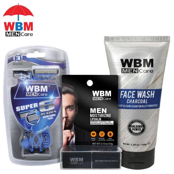 (Pack of 3) WBM Men Face Grooming Kit | Face Wash, Razors & Lip Balm
