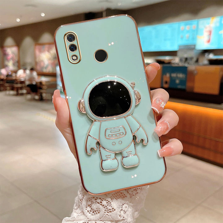 For Huawei Y7 Prime 2019 / Y7 2019 Back Cover with Cartoon Astronaut Folding Stand Luxury 6D Plating Frame Shiny Cases Soft Silicone Square Protective Mobile Phone Case