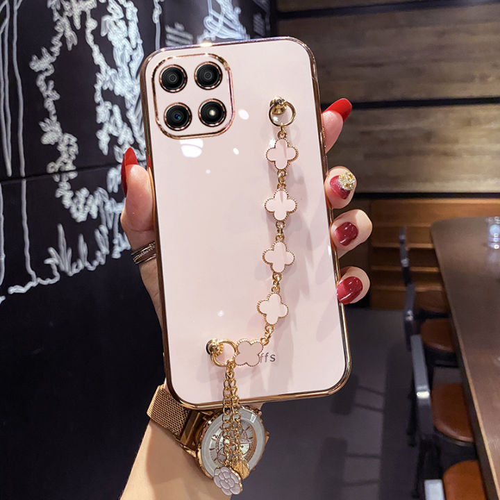 For Honor X8b / Honor X8A / Honor X8 4G / Honor X8 5G Back Cover with Lucky Clover Bracelet Luxury 6D Plating Frame Shiny Girls Women Phone Case Soft Silicone Square Protective Cases Pouch Girls