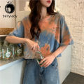Women T-shirt Fashion Tie-dye Printed Short-sleeved Pullover Loose Contrast Color Crop Top. 