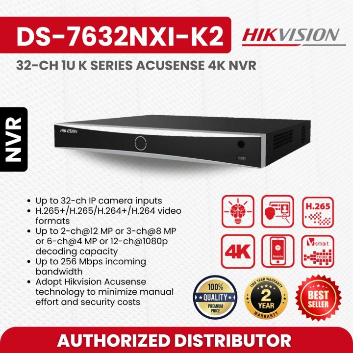 HIKVISION DS-7632NXI-K2 32-ch 1U K Series AcuSense 4K NVR Network Products Network Video Recorders Pro Series (All)-Up to 256 Mbps incoming bandwidth NVR-H.265+/H.265/H.264+/H.264 video formats Supported NVR