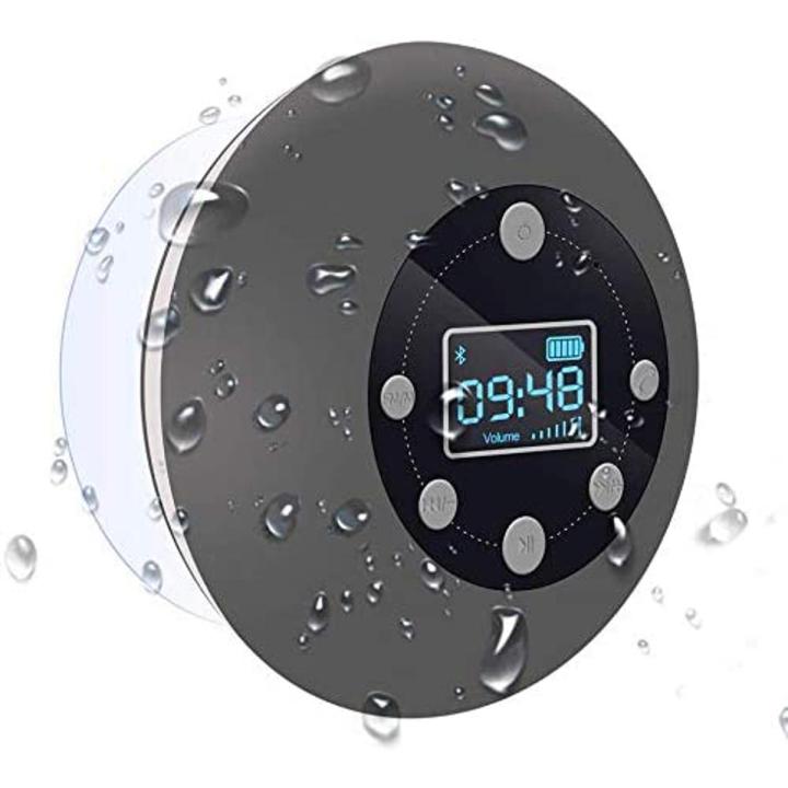 Shower Radio Bluetooth Speaker 5.0, JoyGeek Waterproof Wireless Bathroom Music with Suction FM Microphone Hands-Free Calling 10 Hours LCD Clock Display SD Card Play for ÎPhone ÌPÁd Samsung