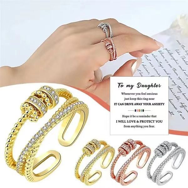 Anti Anxiety Rotatable Ring With Beads For Women Men Anxiety Worry Finger Ring with Card Stress Relief Adjustable Spinner Ring