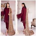 Re- Stock Alert Very Demanded Suit   Brand Name: Baroque   Wedding Collection Most Hit Design   Stuff Details  Shirt : Pure Chiffon Dupatta: Net Trouser: Malai  Description ▪HEAVY EMBROIDERED FRONT ▪*BY BANO COLLECTIONS**. 