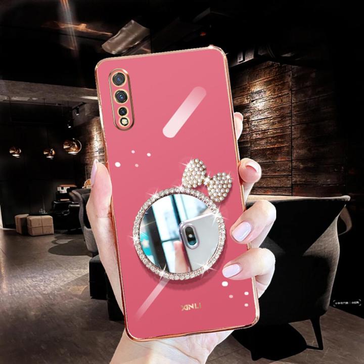For Vivo S1 Back Cover + Bowknot Makeup Mirror Fashion Shiny Plating Square Bumper Bling Girls Phone Case Soft TPU Silicone Shockproof Back Cover