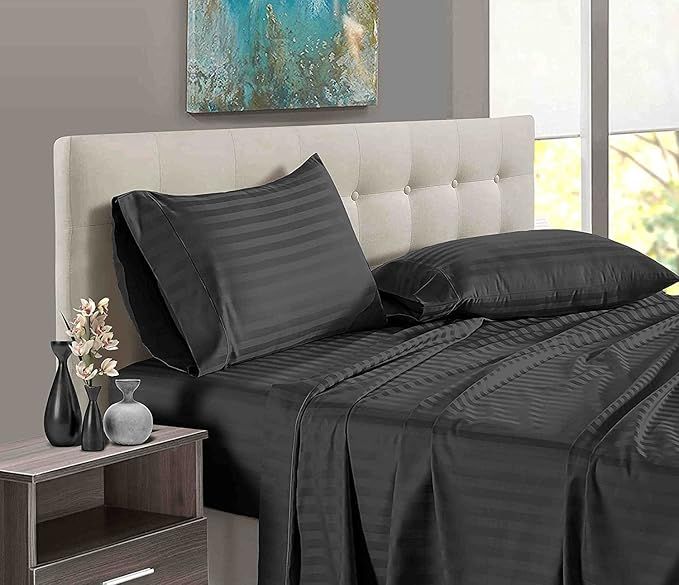Hotel Collection Sateen Stripe Bed Sheets | Egyptian Cotton Single & King Size Fancy Bedsheet Set With Pillow Cases.3 PC Bed Sheets Double (1 Flat Sheet & 2 Pillow Cover) and Single (1 Flat Bed sheet & 1 Pillow Case)