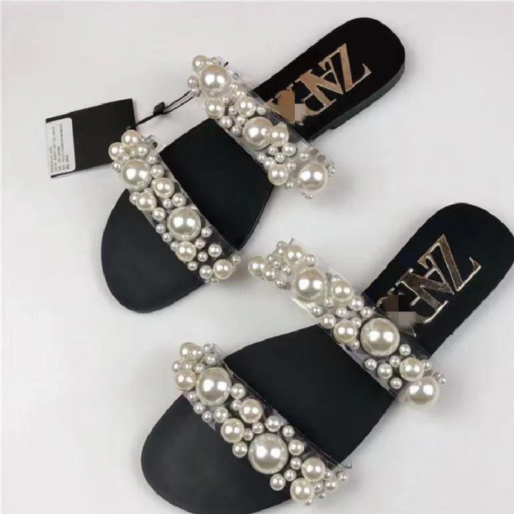 Slide Sandals Flat Vinyl Pearl Bead Sandals Zara Zara Shoes Zara