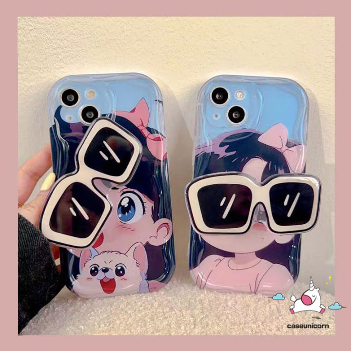 For Oppo A7 A58 A17 A12 A96 A74 A16s A1k A16 A76 A38 A98 A15S A53 A78 A54s A55 A77 A95 A5s A17k A31 A52 A3s A9 A77s A16E A16K Soft Wavy Curved Edge Cute Cartoon 3D Glasses Girl Cat Bracket Cover Holder Case