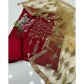 New Wedding Season Collection Handmade collection red dark  color Kataan mirror & handmade shirt along net mirror work duppata plain kathan silk trouser 3 piece. 