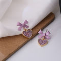 Pink Purple Bow Love Shape Temperament Female Earrings Simple Sweet Japanese And Korean Fashion Small Fresh Frosted Heart-shaped Earrings 1Pair. 