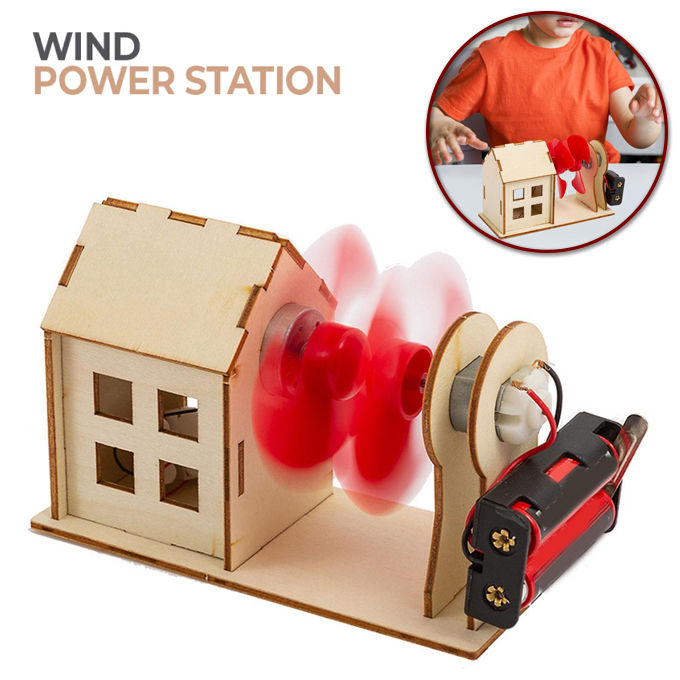 DIY Wooden Wind Power Station Turbine House STEM Assemble Series Kit - Size Approx. 5 inch - Multicolor